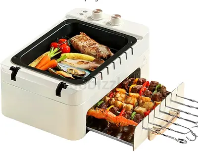 Portable Electric BBQ Grill with Skewers and Baking Tray - White