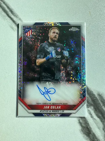 Signed Jan Oblak Atletico Madrid Topps Chrome Football Trading Card. Case is included 08/35 numbered