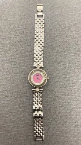 Silver womens wristwatch with pink dial - good condition