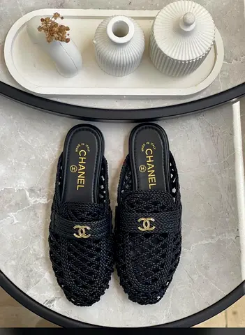 Chanel Black Woven Logo Mules — Size Unknown, Preowned