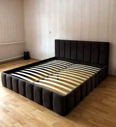 Upholstered Double Bed Frame with Headboard – Dark Grey,
