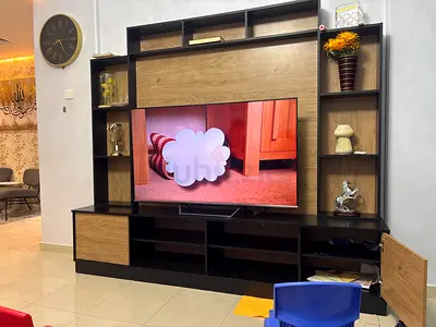 Large Wooden TV Entertainment Unit with Shelves and Storage