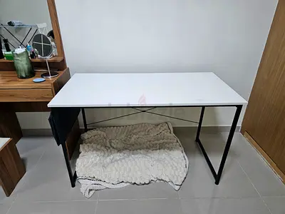 Simple white desk with black metal frame - good condition