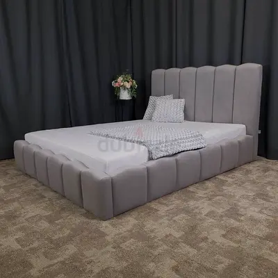 Modern Upholstered Double Bed with Padded Headboard — Light Grey