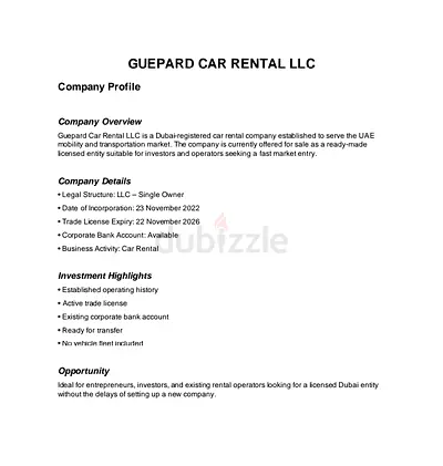 Established Car Rental Company for Sale | Dubai LLC | Bank Account Included
