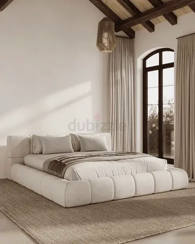 modern upholstered platform bed, white velvet with mattress