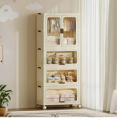Tall Multi-Compartment Baby Storage Cabinet with Wheels - Collapsible