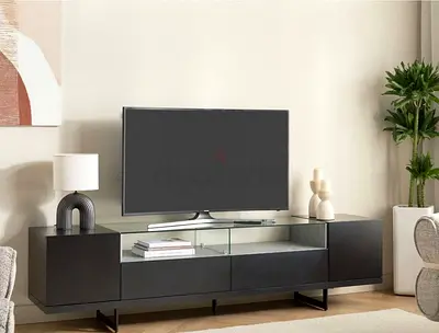 Modern Black TV Stand with Glass Top and Storage