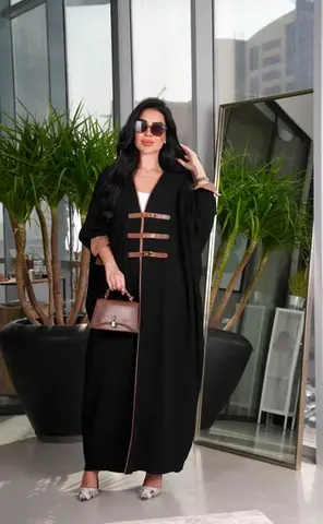 Black Abaya with Brown Trim and Decorative Clasps - Size free size