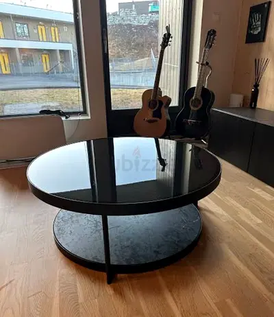 Modern Round Black Coffee Table with Lower Shelf