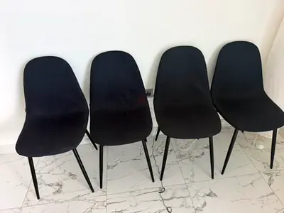Set of 4 Black Dining Chairs with Fabric Seats and Metal Legs and Table