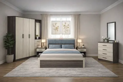 Modern Oak Wooden Bedroom Set with Wardrobe, Dressing Table  2 Bedside Tables for UAE Homes