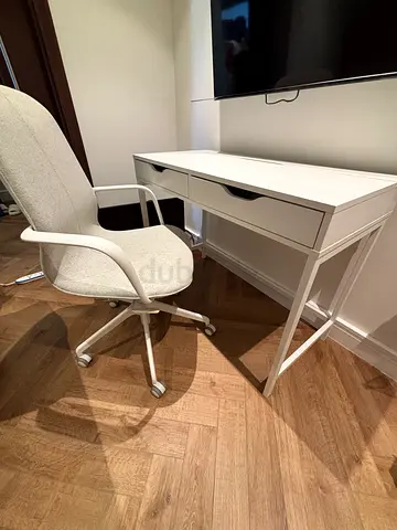 IKEA White modern office desk with swivel office chair - great  condition only 350 aed!