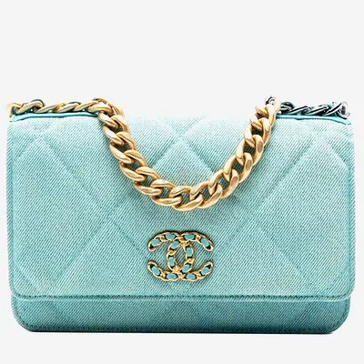 Authentic Chanel Blue Denim 19 Flap Wallet On Chain