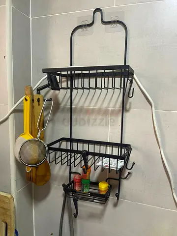 Black Metal Wall-Mounted Kitchen Rack with 3 Tiers and Hooks