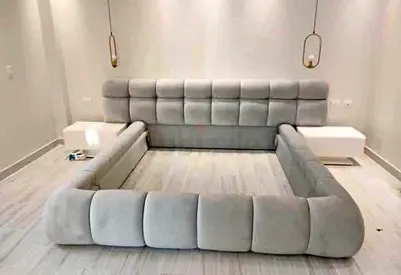 Large Modern Low-Profile Plush Bed Frame with Padded Headboard (Grey)