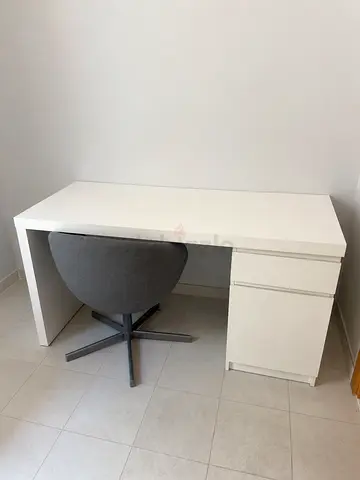 Modern White Desk with Drawer and Matching Grey Swivel Chair