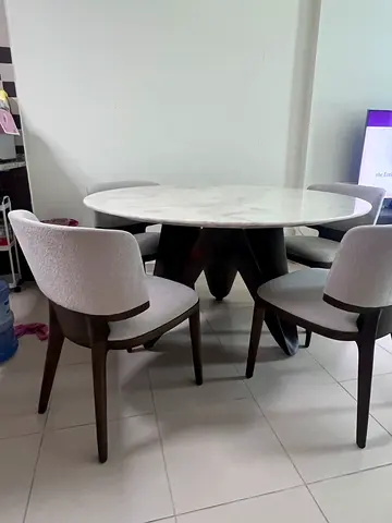 Round Marble-Top Dining Table with 4 Upholstered Chairs - Good Condition