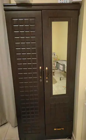 Dark Wood Wardrobe with Mirror - 2 Door, Single Drawer