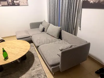Light grey 3-seater L-shaped fabric sofa with chaise (good condition)