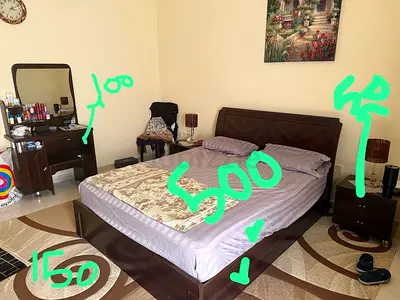 Queen wooden bed frame with dresser and nightstand - used