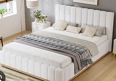 Modern Upholstered King Bed with Padded Headboard - White