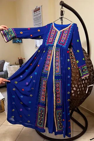 Blue Traditional Embroidered Dress with Long Sleeves