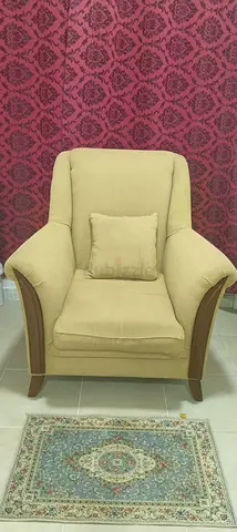 Yellow Upholstered Armchair with Wooden Accents - Good Condition