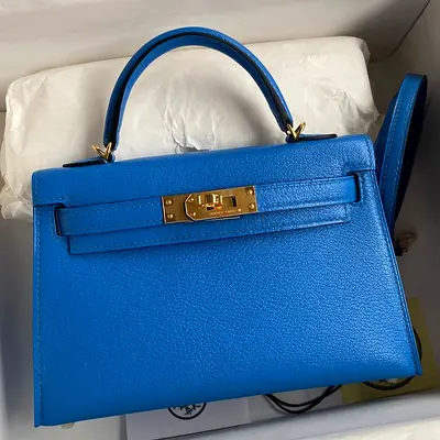 Hermes Kelly Mini II Sellier In Blue Hydra Chevre Mysore Leather