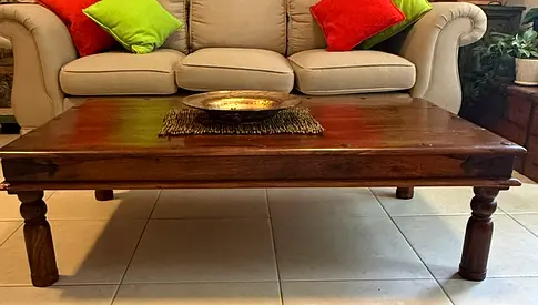 Solid Wood Low Coffee Table with Turned Legs - Rustic Finish