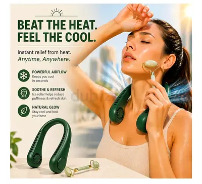 Portable Hands-Free Neck Fan with Jade Roller - Lightweight Rechargeable Cooler