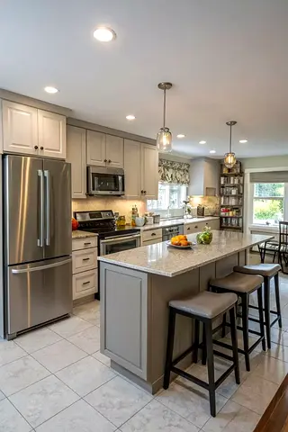 Modern kitchen island with 3 stools - granite  top with storage