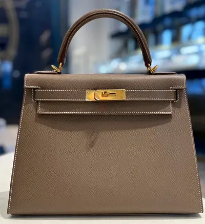 Hermes Kelly bag Taupe Top-Handle Leather Handbag with Gold Hardware