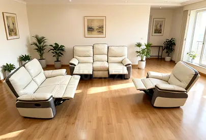 Cream leather 3-seater reclining sofa with 2 matching recliners