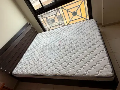 Queen size bed with headframe with mattress with two storage drawers - dark wood, great condition