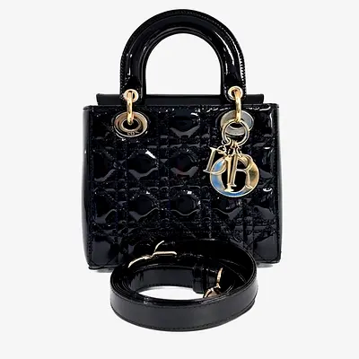 Authentic Dior Black Leather Patent Cannage Lady Bag Small