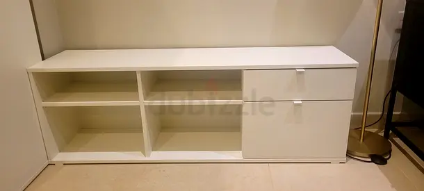 White low TV unit / media cabinet with drawers and open shelves