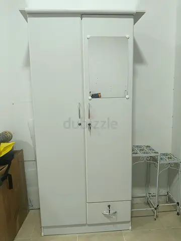 White 2-Door Wardrobe with Mirror and Lock — Good Condition