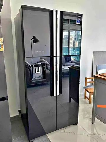 Hitachi 4-Door Black Glass Refrigerator - Excellent Condition