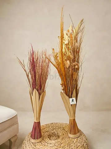 Pair of Natural Dried Grass Floor Vases / Decorative Dried Flower Arrangements