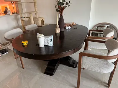 Solid Wood Oval Dining Table with Upholstered Armchairs