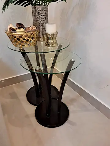 Set of 2 Glass Top Nesting Side Tables with Dark Wood Base