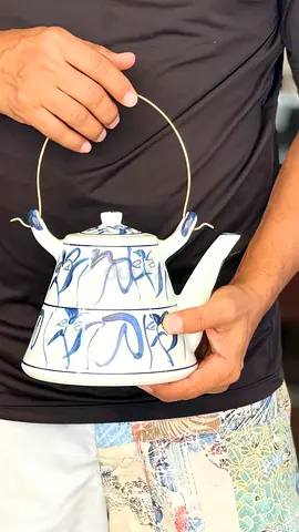 Vintage Blue  White Ceramic Teapot with Brass Handle