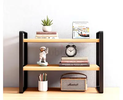 Two-Tier Wooden Desktop Shelf Organizer with Black Metal Frame