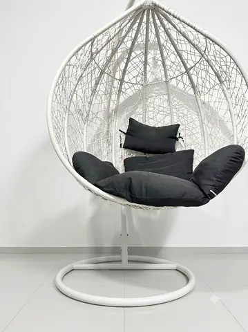 White Hanging Egg Chair with grey Cushions - Free Standing