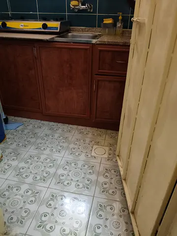 Room with partition with attached bathroom and kitchen