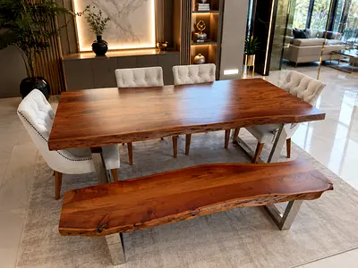 Marina Home Premium Live Edge Solid Wood Dining Table Set with Bench – Modern Luxury Collection