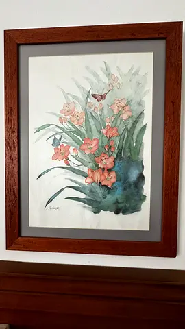 Framed Botanical Watercolor Painting of Orange Flowers