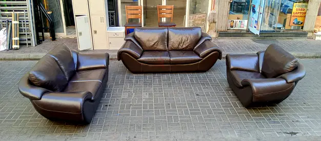 Dark Brown Leather Sofa Set - 3-Seater + 2-Seater + Armchair
