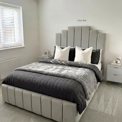 Grey Velvet Upholstered Bed Frame with Headboard - Double/Queen